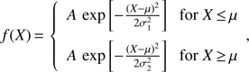 $ \begin{aligned} f(X)\,{=}\,\left\{ \begin{array}{l} A \, \exp {\left[-\frac{(X-\mu )^2}{2\sigma _1^2}\right]} \ \ \ \mathrm{for } \ X\,{\le }\,\mu \\ A \, \exp {\left[-\frac{(X-\mu )^2}{2\sigma _2^2}\right]} \ \ \ \mathrm{for } \ X\,{\ge }\,\mu \, \end{array}, \right. \end{aligned} $