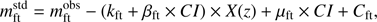 $ \begin{aligned} m_\mathrm{ft}^\mathrm{std}=m_\mathrm{ft}^\mathrm{obs} - (k_\mathrm{ft} + \beta _\mathrm{ft} \times CI) \times X(z) + \mu _\mathrm{ft} \times CI + C_\mathrm{ft}, \end{aligned} $
