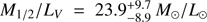 $M_{1/2}/L_V = 23.9_{-8.9}^{+9.7}\,M_\odot/L_\odot$