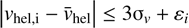 $ \left | {{v}}_{\mathrm{hel,i}} - \bar{{{v}}}_{\mathrm{hel}}\right | \leq 3\sigma_{{v}} + \varepsilon_i $