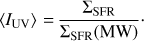 $$\left\langle {{I_{{\rm{UV}}}}} \right\rangle = {{{\Sigma _{{\rm{SFR}}}}} \over {{\Sigma _{{\rm{SFR}}}}\left( {{\rm{MW}}} \right)}}.$$