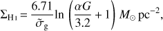 $${\Sigma _{{{\rm{H}}_{\rm{I}}}}} = {{6.71} \over {{{\tilde \sigma }_g}}}\ln \left( {{{\alpha G} \over {3.2}} + 1} \right){M_ \odot }\;{\rm{p}}{{\rm{c}}^{ - 2}},$$