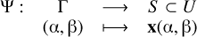 $ \begin{aligned} \begin{array}{cccc} \mathrm{\Psi }:&\mathrm{\Gamma }&\longrightarrow&S \subset U \\&(\upalpha ,\upbeta )&\longmapsto&\mathbf x (\upalpha ,\upbeta ) \end{array} \end{aligned} $