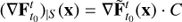 $ \begin{aligned} (\nabla \mathbf F _{t_0}^t)_{|S} (\mathbf x ) = \nabla \tilde{\mathbf{F }}_{t_0}^t (\mathbf x ) \cdot C \end{aligned} $