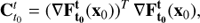 $ \begin{aligned} \mathbf C _{t_0}^t = (\nabla \mathbf F_{t_0}^t (\mathbf x _0))^T \, \nabla \mathbf F_{t_0}^t (\mathbf x _0), \end{aligned} $