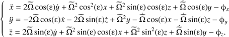 $ \begin{aligned} \left\{ \begin{array}{l} \ddot{x} = 2\widetilde{\Omega } \cos (\upvarepsilon ) \dot{y} + \widetilde{\Omega }^2 \cos ^2(\upvarepsilon ) x + \widetilde{\Omega }^2 \sin (\upvarepsilon )\cos (\upvarepsilon )z+\dot{\widetilde{\Omega }}\cos (\upvarepsilon )y - \phi _{x} \\ \ddot{y} = -2\widetilde{\Omega } \cos (\upvarepsilon )\dot{x} -2\widetilde{\Omega } \sin (\upvarepsilon )\dot{z} +\widetilde{\Omega }^2 y-\dot{\widetilde{\Omega }}\cos (\upvarepsilon )x-\dot{\widetilde{\Omega }}\sin (\upvarepsilon )z - \phi _{y} \\ \ddot{z} = 2\widetilde{\Omega } \sin (\upvarepsilon )\dot{y} + \widetilde{\Omega }^2 \sin (\upvarepsilon ) \cos (\upvarepsilon ) x + \widetilde{\Omega }^2 \sin ^2(\upvarepsilon ) z+\dot{\widetilde{\Omega }}\sin (\upvarepsilon )y - \phi _{z}.\\ \end{array} \right. \end{aligned} $