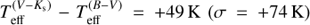 $T_{{\rm{eff}}}^{(V - {K_{\rm{s}}})} - T_{{\rm{eff}}}^{(B - V)} = + 49{\rm{K}}(\sigma = + 74{\mkern 1mu} {\rm{K}})$