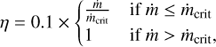 $$ \begin{aligned} \eta = 0.1 \times {\left\{ \begin{array}{ll} {\frac{\dot{m}}{\dot{m}_{\rm crit}}}&\mathrm{if} \dot{m} \le {\dot{m}_{\rm crit}} \\ 1&\mathrm{if} \dot{m}>{\dot{m}_{\rm crit}}, \end{array}\right.} \end{aligned} $$