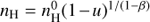 $ n_{\mathrm{H}}=n_{\mathrm{H}}^{0}(1-u)^{1/(1-\beta)} $