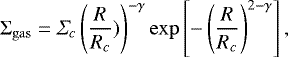 \begin{equation*} {\mathrm\Sigma}_{\mathrm{gas}} = \Sigma_c \left(\frac{R}{R_c})\right)^{-\gamma} \exp\left[-\left(\frac{R}{R_c}\right)^{2-\gamma}\right], \end{equation*}
