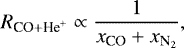 \begin{equation*} R_{{\textrm{CO} &#x002B; \textrm{He}^&#x002B;}} \propto \frac{1}{x_{\textrm{CO}} &#x002B; x_{{\textrm{N}_2}}}, \end{equation*}
