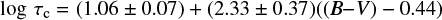 $$ \begin{eqnarray} \label{eq_global_tau_a} \log \tau_{\rm c} = (1.06\pm0.07) + (2.33\pm0.37) ((B{-}V) - 0.44) \end{eqnarray} $$