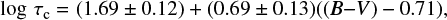 $$ \begin{eqnarray}\label{eq_global_tau_b} \log \tau_{\rm c} = (1.69\pm0.12) + (0.69\pm0.13) ((B{-}V) - 0.71), \end{eqnarray} $$