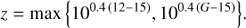 $$ z=\text{max}{\{10^{0.4{(12-15)}},10^{0.4{(G-15)}}\}}. $$