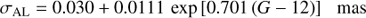 $$ \sigma_\text{AL}=0.030+0.0111\exp{\lbrack0.701{(G-12)}\rbrack\text{mas}} $$