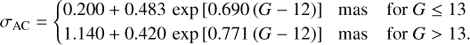 $$ \sigma_\text{AC}=\{\begin{array}{ccc}0.200+0.483\text{?}\exp{\lbrack0.690{(G-12)}\rbrack}&\text{mas}&\text{for}G\leq13\\1.140+0.420\text{?}\exp{\lbrack0.771(G-12)\rbrack}&\text{mas}&\text{for}G>13.\end{array} $$