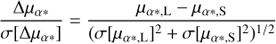 $$ \frac{\mathrm\Delta\mu_{\alpha\ast}}{\sigma{\lbrack\mathrm\Delta\mu_{\alpha\ast}\rbrack}}=\frac{\mu_{\alpha\ast,\mathrm L}-\mu_{\alpha\ast,\mathrm S}}{{(\sigma{\lbrack\mu_{\alpha\ast,\mathrm L}\rbrack}^2+\sigma{\lbrack\mu_{\alpha\ast,\mathrm S}\rbrack}^2)}^{1/2}} $$
