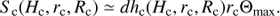 $ \begin{aligned} {S_\mathrm{c}} (H_\mathrm{c},{r_\mathrm{c}},{R_\mathrm{c}}) \simeq {dh_\mathrm{c}} (H_\mathrm{c},{r_\mathrm{c}},{R_\mathrm{c}}){r_\mathrm{c}}{{\Theta }}_\mathrm{max}. \end{aligned} $