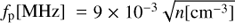 $ f_{\mathrm{p}} [\rm{MHz}] = 9 \times 10^{-3} \sqrt{n [\mathrm{cm}^{-3}]} $