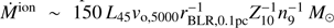 $ \dot{M}^{\mathrm{ion}}\,\sim\,150\,L_{45} {v}_{\mathrm{o,5000}} r^{-1}_{\mathrm{BLR, 0.1pc}} Z_{10}^{-1} n_{9}^{-1}\, M_{\odot} $