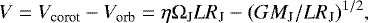\begin{equation*}V = V_{\textrm{corot}} - V_{\textrm{orb}} = \eta {{\mathrm{\Omega}}}_{\textrm{J}} L R_{\textrm{J}} - (GM_{\textrm{J}}/LR_{\textrm{J}})^{1/2} ,\end{equation*}
