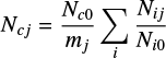 $ \begin{equation} N_{cj}={N_{c0} \over m_j} {\sum\limits_i} {N_{ij}\over N_{i0}} \end{equation} $
