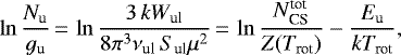\begin{equation*}\ln \frac{N_{\textrm{u}}}{g_{\textrm{u}}} \,{=}\, \ln \frac{3\,kW_{\textrm{ul}}}{8\pi^3\nu_{\textrm{ul}}\,S_{\textrm{ul}}\mu^2} \,{=}\, \ln \frac{\mbox{$N^{\textrm{tot}}_{\textrm{CS}}$}}{Z(\mbox{$T_{\textrm{rot}}$})} - \frac{\mbox{$E_{\textrm{u}}$}}{k\mbox{$T_{\textrm{rot}}$}}, \end{equation*}