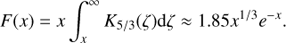 $$ \begin{aligned} F(x) = x \int _x^\infty K_{5/3}(\zeta ) \mathrm{d} \zeta \approx 1.85 x^{1/3} e^{-x}. \end{aligned} $$