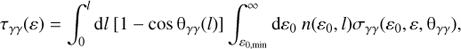 $$ \begin{aligned} \tau _{\gamma \gamma }(\varepsilon ) = \int _0^l \mathrm{d}l \ [1-\cos \uptheta _{\gamma \gamma }(l)] \int _{\varepsilon _{0,\mathrm{min}}}^\infty \mathrm{d}\varepsilon _0 \ n(\varepsilon _0,l) \sigma _{\gamma \gamma }(\varepsilon _0,\varepsilon ,\uptheta _{\gamma \gamma }), \end{aligned} $$