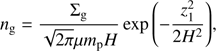 $ \begin{aligned} n_{\mathrm{g}}= \frac{\Sigma _{\mathrm{g}}}{\sqrt{2\pi }\mu m_{\mathrm{p}} H} \exp {\left(-\frac{z_1^2}{2H^2} \right)}, \end{aligned} $