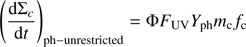 $ \begin{aligned} \left(\frac{\mathrm{d}\Sigma _c}{\mathrm{d}t}\right)_{\mathrm{ph-unrestricted}} = \Phi F_\mathrm{UV} Y_{\mathrm{ph}} m_\mathrm{c} f_\mathrm{c} \end{aligned} $