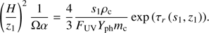 $ \begin{aligned} \left( \frac{H}{z_{1}}\right)^2 \frac{1}{\Omega \alpha } = \frac{4}{3} \frac{s_1 \rho _\mathrm{c}}{F_\mathrm{UV} Y_{\mathrm{ph}} m_\mathrm{c}} \exp {\left(\tau _{r}\left(s_1, z_1\right)\right)} . \end{aligned} $