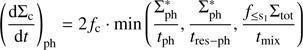 $ \begin{aligned} \left(\frac{\mathrm{d}\Sigma _\mathrm{c}}{\mathrm{d}t}\right)_{\mathrm{ph}} = 2f_\mathrm{c}\cdot {\mathrm{min}} \left( \frac{\Sigma ^{*}_{\mathrm{ph}}}{t_{\mathrm{ph}}}, \frac{\Sigma ^{*}_{\mathrm{ph}}}{t_{\mathrm{res-ph}}}, \frac{f_{\le \mathrm{s_1}}\Sigma _{\mathrm{tot}}}{t_{\mathrm{mix}}} \right) \end{aligned} $