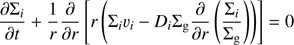 $ \begin{aligned} \frac{\partial \Sigma _i}{\partial t} + \frac{1}{r}\frac{\partial }{\partial r}\left[r\left(\Sigma _i v_i - D_i \Sigma _\mathrm{g} \frac{\partial }{\partial r} \left(\frac{\Sigma _i}{\Sigma _\mathrm{g}}\right)\right)\right]=0 \end{aligned} $