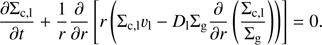 $ \begin{aligned} \frac{\partial \Sigma _\mathrm{c,l}}{\partial t} + \frac{1}{r}\frac{\partial }{\partial r}\left[r\left(\Sigma _\mathrm{c,l} v_\mathrm{l} - D_\mathrm{l} \Sigma _\mathrm{g} \frac{\partial }{\partial r} \left(\frac{\Sigma _\mathrm{c,l}}{\Sigma _\mathrm{g}}\right)\right)\right]= 0 . \end{aligned} $