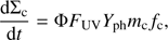 $ \begin{aligned} \frac{\mathrm{d}\Sigma _\mathrm{c}}{\mathrm{d}t} = \Phi F_\mathrm{UV} Y_{\mathrm{ph}} m_\mathrm{c} f_\mathrm{c}, \end{aligned} $