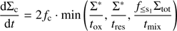 $ \begin{aligned} \frac{\mathrm{d}\Sigma _\mathrm{c}}{\mathrm{d}t} = 2f_\mathrm{c}\cdot {\mathrm{min}}\left( \frac{\Sigma ^{*}}{t_{\mathrm{ox}}}, \frac{\Sigma ^{*}}{t_{\mathrm{res}}}, \frac{f_{\le \mathrm{s}_1}\Sigma _\mathrm{tot}}{t_{\mathrm{mix}}} \right) \end{aligned} $