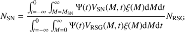 $${N_{{\rm{SN}}}} = {{\int_{t = - \infty }^0 {\int_{M = {M_{{\rm{SN}}}}}^\infty {\Psi (t){V_{{\rm{SN}}}}(M,t)\xi (M){\rm{d}}M{\rm{d}}t} } } \over {\int_{t = - \infty }^0 {\int_{M = 0}^\infty {\Psi (t){V_{{\rm{RSG}}}}(M,t)\xi (M){\rm{d}}M{\rm{d}}t} } }}{N_{{\rm{RSG}}}}$$