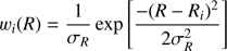 $ \begin{aligned} w_i(R) = \frac{1}{\sigma _R} \exp \left[ \frac{-(R-R_i)^2}{2\sigma _R^2} \right] \end{aligned} $