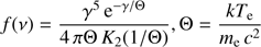 $$ \begin{aligned} f(\nu )=\dfrac{\gamma ^5\,\mathrm{e}^{-\gamma /\Theta }}{4\,\pi \Theta \, K_2(1/\Theta )}\text{,}\,\Theta =\dfrac{kT_{\rm e}}{m_{\rm e}\,c^2} \end{aligned} $$