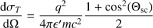 $$ \begin{aligned} \dfrac{\mathrm{d}\sigma _{T}}{\mathrm{d}\Omega }=\dfrac{q^2}{4\pi \epsilon ^{\prime }mc^2}\dfrac{1+\cos ^2(\Theta _{\rm sc})}{2} \end{aligned} $$