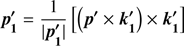 $$ \begin{aligned} \boldsymbol{p^{\prime }_1}=\dfrac{1}{|\boldsymbol{p^{\prime }_1}|}\left[\left(\boldsymbol{p^{\prime }} \times \boldsymbol{k^{\prime }_1}\right)\times \boldsymbol{k^{\prime }_1}\right] \end{aligned} $$
