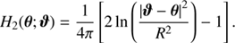 $$ \begin{aligned} H_2(\boldsymbol{\theta };\boldsymbol{\vartheta }) = \frac{1}{4 \pi } \left[2 \ln \left(\frac{\left|\boldsymbol{\vartheta }-\boldsymbol{\theta }\right|^2}{R^2}\right) - 1 \right]. \end{aligned} $$