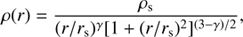 $$ \begin{aligned} \rho (r) = \frac{{\rho }{s}}{(r/{r}{s})^{\gamma } [1 + (r/{r}{s})^{2}]^{(3-\gamma )/2}}, \end{aligned} $$