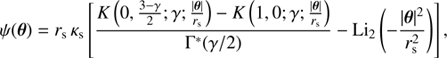 $$ \begin{aligned} \psi (\boldsymbol{\theta }) = r_{\text{s}}\,\kappa _{\text{s}}\left[\frac{K\left(0,\frac{3-\gamma }{2};\gamma ;\frac{|\boldsymbol{\theta }|}{{r}{s}}\right)-K\left(1,0;\gamma ;\frac{|\boldsymbol{\theta }|}{{r}{s}}\right)}{\Gamma ^{*}(\gamma /2)} - \text{ Li}_2\left(-\frac{|\boldsymbol{\theta }|^2}{r_{\text{s}}^2}\right) \right], \end{aligned} $$