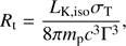 $$ \begin{aligned} R_{\rm t}=\frac{L_{\mathrm{K}},{\mathrm{iso}}\sigma _{\rm T}}{8\pi m_{\rm p}c^3\Gamma ^{3}} , \end{aligned} $$