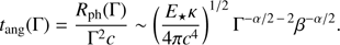 $$ \begin{aligned} t_{\mathrm{ang} }(\Gamma )=\frac{R_{\mathrm{ph} }(\Gamma )}{\Gamma ^2c}\sim \left(\frac{E_\star \kappa }{4\pi c^4}\right)^{1/2}\Gamma ^{-\alpha /2\,-\,2}\beta ^{-\alpha /2}. \end{aligned} $$