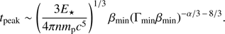 $$ \begin{aligned} t_{\mathrm{peak} }\sim \left(\frac{3E_\star }{4\pi n m_{\mathrm{p} } c^5}\right)^{1/3} \beta _{\mathrm{min} } (\Gamma _{\mathrm{min} }\beta _\mathrm{min} )^{-\alpha /3\,-\,8/3}. \end{aligned} $$