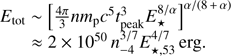 $$ \begin{aligned} \begin{array}{l} E_{\mathrm{tot} }\sim \left[\frac{4\pi }{3}nm_{\mathrm{p} }c^5t_{\mathrm{peak} }^{3}E_\star ^{8/\alpha }\right]^{\alpha /(8\,+\,\alpha )}\\ \quad ~~~\approx 2\times 10^{50}\,n_{-4}^{3/7}E_{\star ,53}^{4/7}\,{\mathrm{erg.} }\\ \end{array} \end{aligned} $$