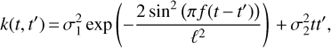 $$k(t,{t^\prime }) = \sigma _1^2\exp \left( { - {{2{{\sin }^2}(\pi f(t - {t^\prime }))} \over {{\ell ^2}}}} \right){\mkern 1mu} + \sigma _2^2t{t^\prime },$$